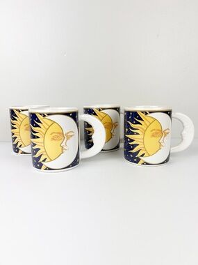 Vtg Vitromaster Galaxy Celestial Mug Sun Moon Stars 1993 Set Of 4 Moon Handle